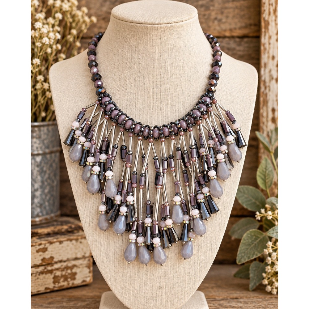 Dena G Rhodium Plated Beaded Fringe Statement Necklace Purple Gray Boho Glam